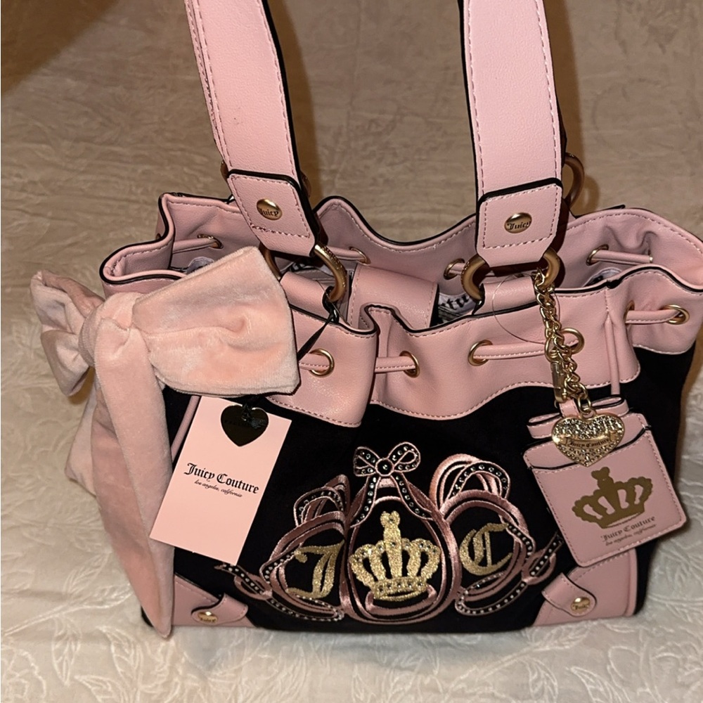 Juicy Couture Pink and Black Shoulder Bag with Crown Logo